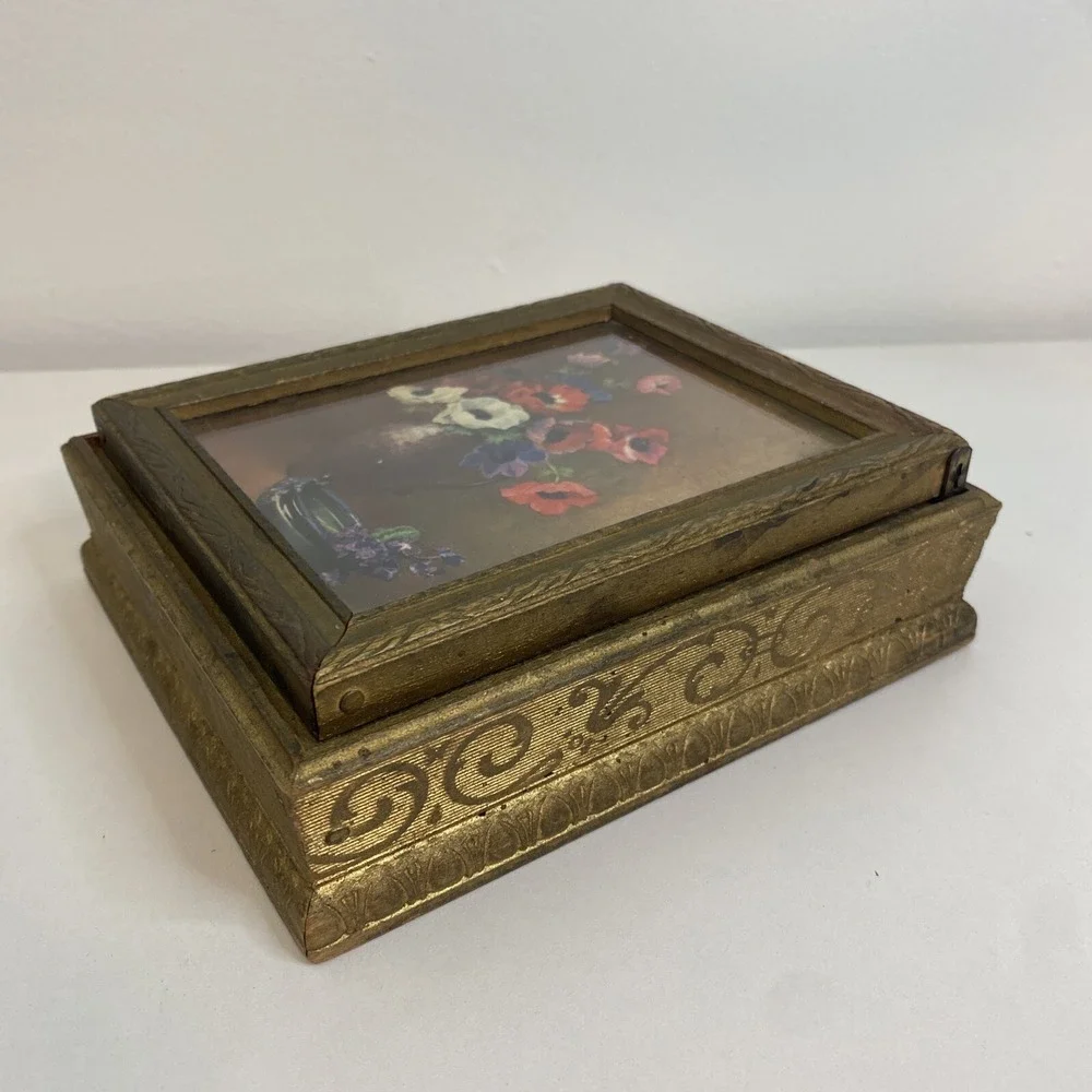 Vintage Wood Vanity Dresser Gold Jewelry Box Mirror 5x6
